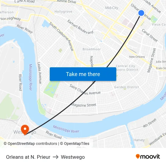 Orleans at N. Prieur to Westwego map
