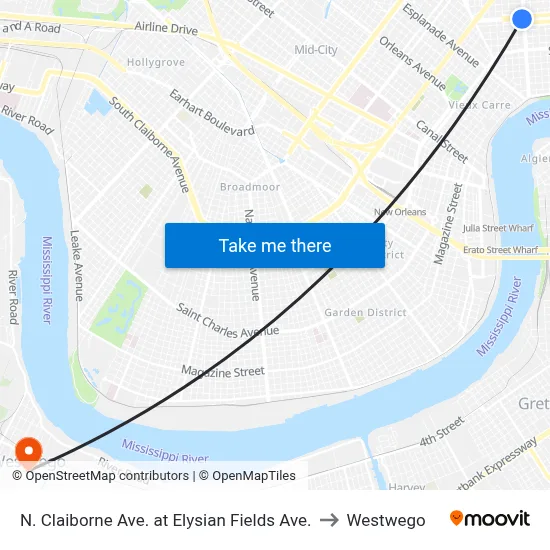 N. Claiborne Ave. at Elysian Fields Ave. to Westwego map