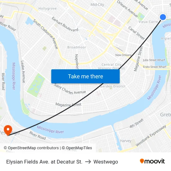 Elysian Fields Ave. at Decatur St. to Westwego map