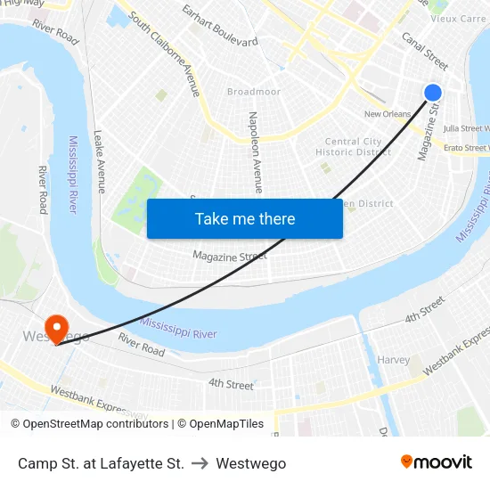 Camp St. at Lafayette St. to Westwego map