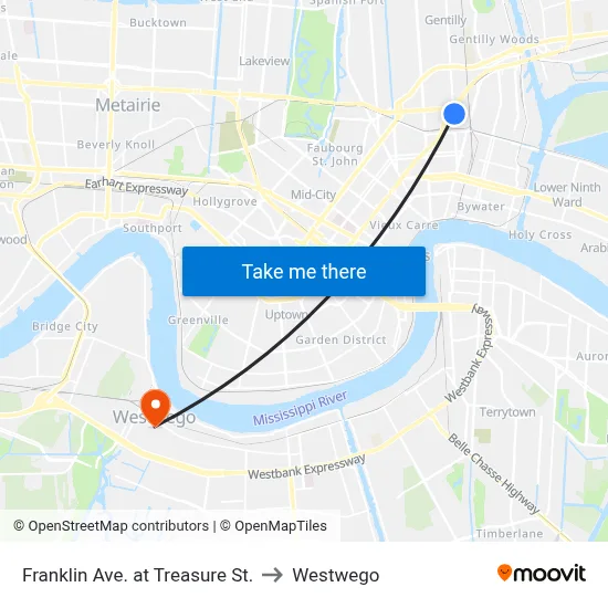 Franklin Ave. at Treasure St. to Westwego map