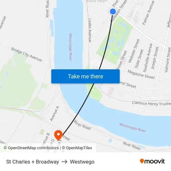 St Charles + Broadway to Westwego map