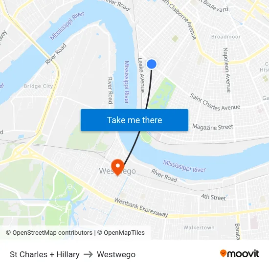 St Charles + Hillary to Westwego map