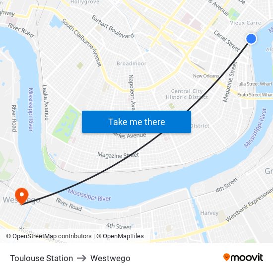 Toulouse Station to Westwego map