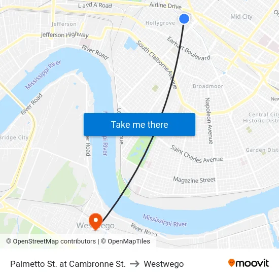 Palmetto St. at Cambronne St. to Westwego map