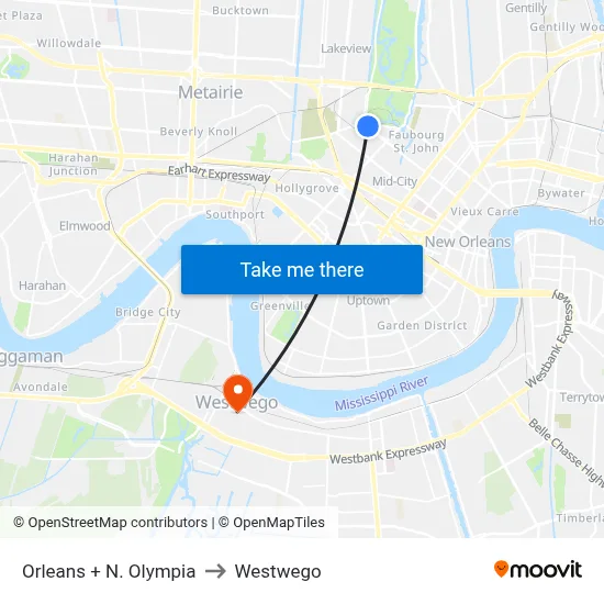 Orleans + N. Olympia to Westwego map