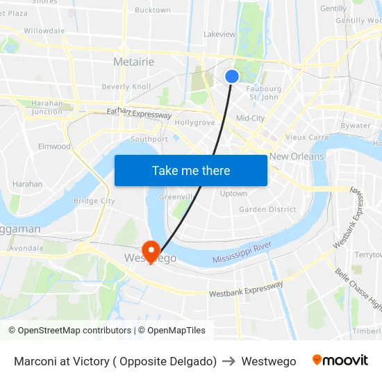 Marconi at Victory ( Opposite Delgado) to Westwego map