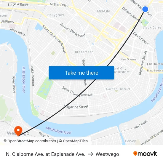 N. Claiborne Ave. at Esplanade Ave. to Westwego map