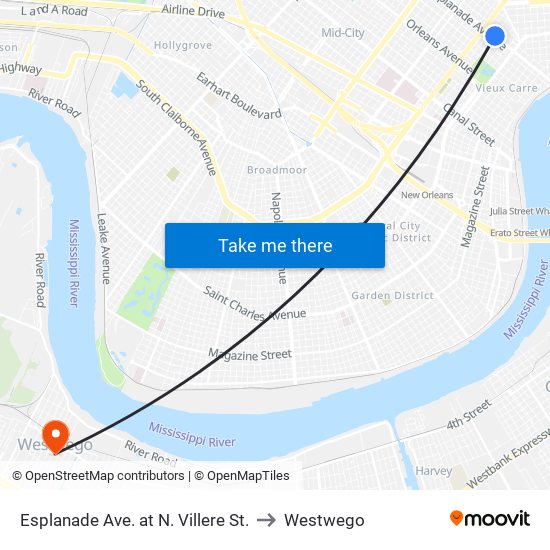 Esplanade Ave. at N. Villere St. to Westwego map