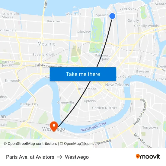 Paris Ave. at Aviators to Westwego map