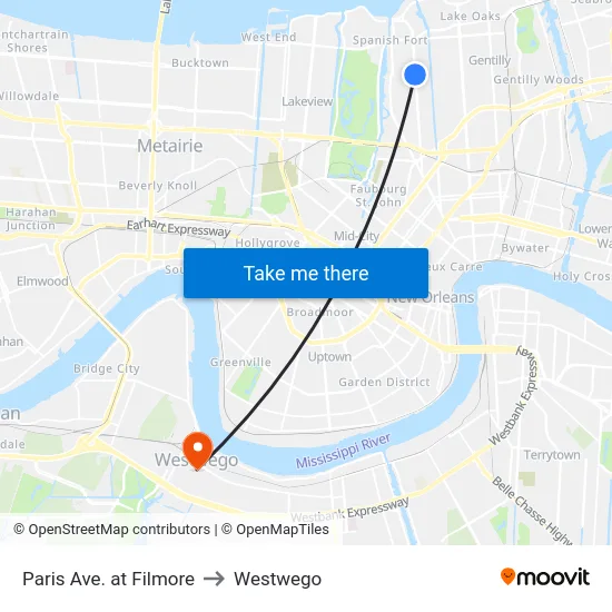 Paris Ave. at Filmore to Westwego map