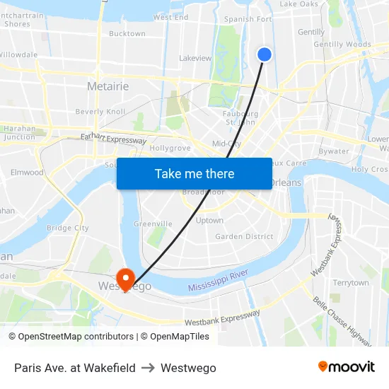 Paris Ave. at Wakefield to Westwego map