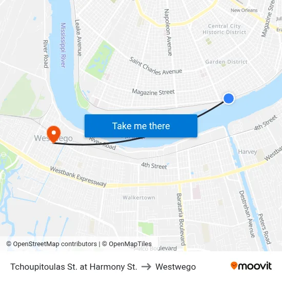Tchoupitoulas St. at Harmony St. to Westwego map
