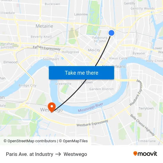 Paris Ave. at Industry to Westwego map