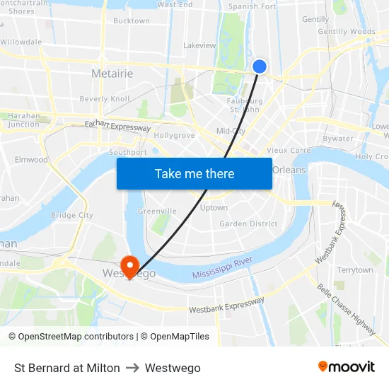 St Bernard at Milton to Westwego map