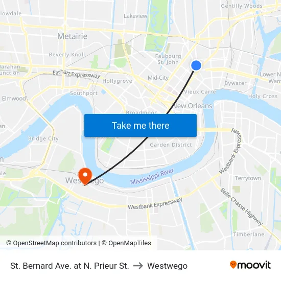 St. Bernard Ave. at N. Prieur St. to Westwego map