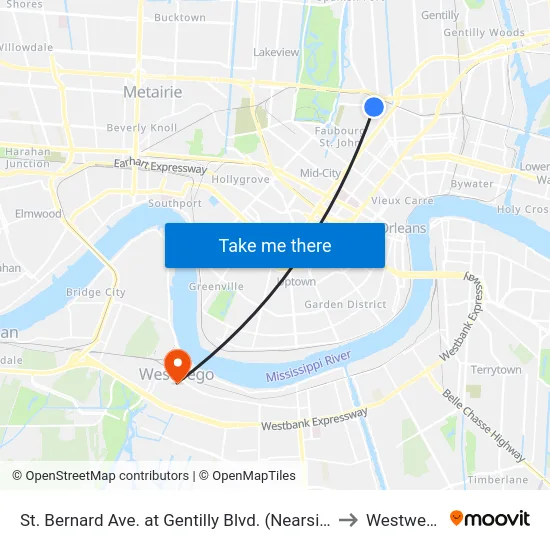 St. Bernard Ave. at Gentilly Blvd. (Nearside) to Westwego map