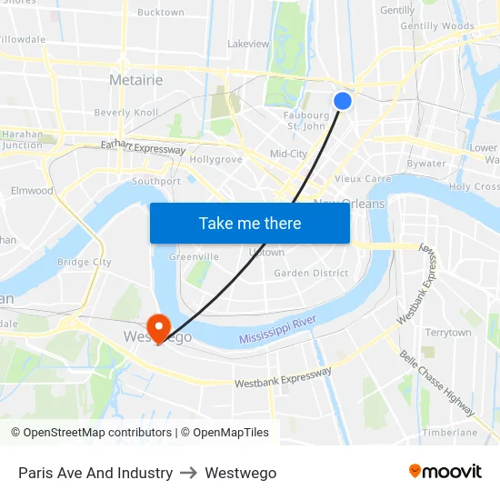 Paris Ave And Industry to Westwego map
