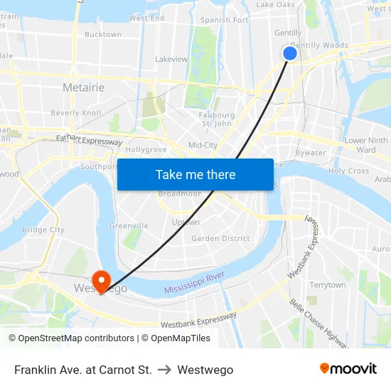 Franklin Ave. at Carnot St. to Westwego map