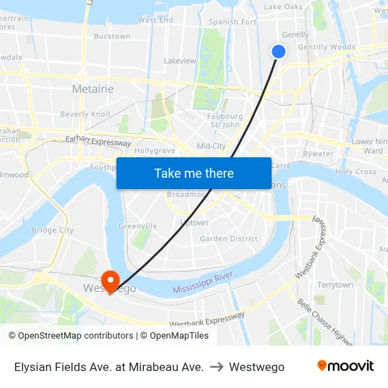 Elysian Fields Ave. at Mirabeau Ave. to Westwego map