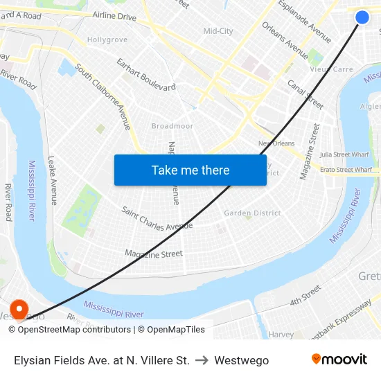 Elysian Fields Ave. at N. Villere St. to Westwego map