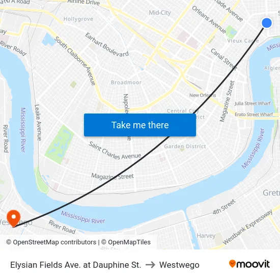 Elysian Fields Ave. at Dauphine St. to Westwego map