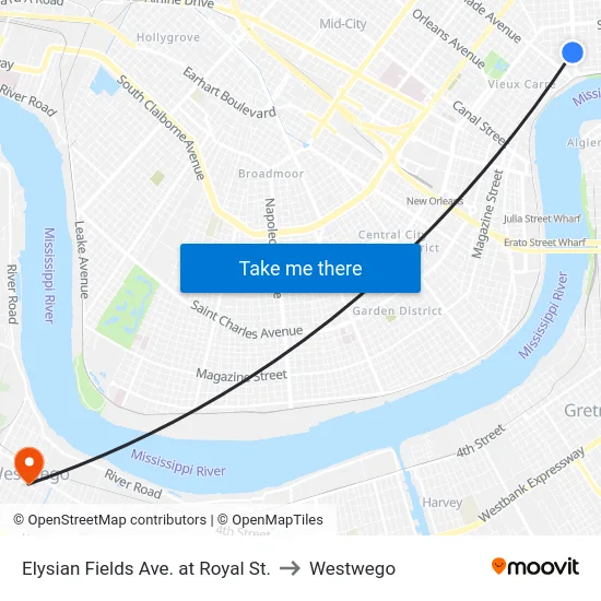 Elysian Fields Ave. at Royal St. to Westwego map