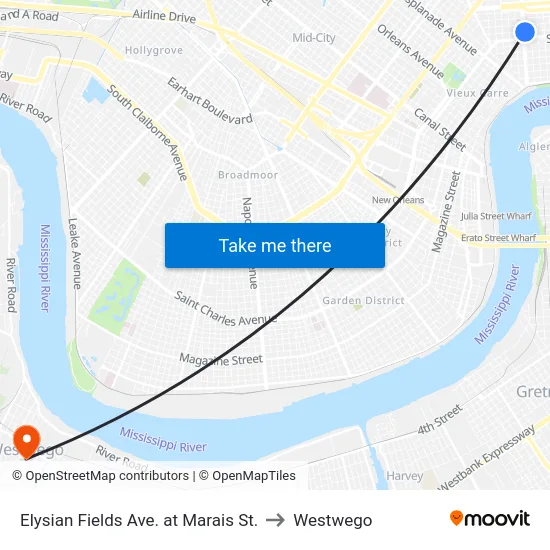 Elysian Fields Ave. at Marais St. to Westwego map