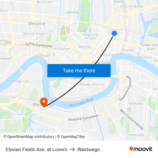 Elysian Fields Ave. at Lowe's to Westwego map