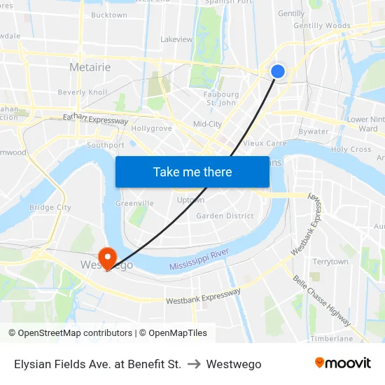 Elysian Fields Ave. at Benefit St. to Westwego map