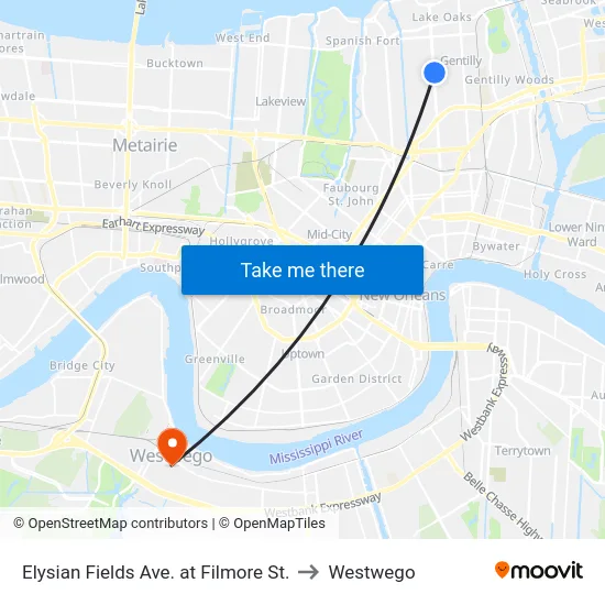 Elysian Fields Ave. at Filmore St. to Westwego map