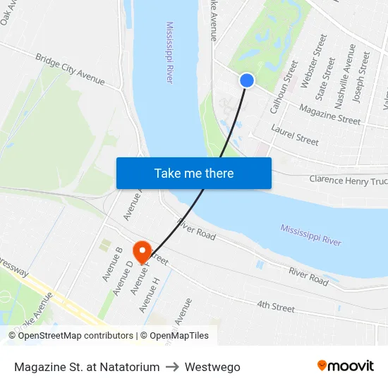 Magazine St. at Natatorium to Westwego map