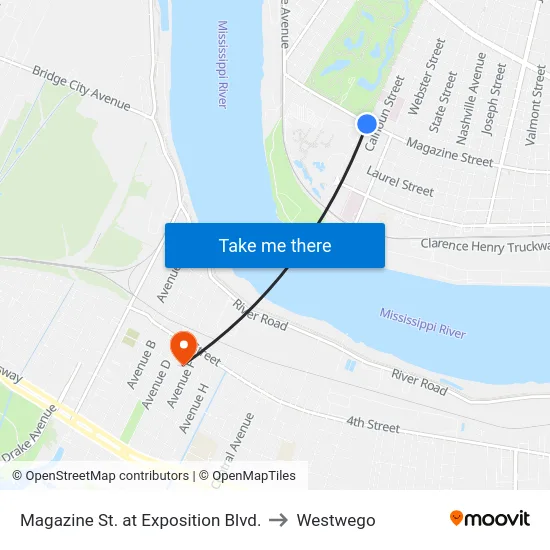 Magazine St. at Exposition Blvd. to Westwego map
