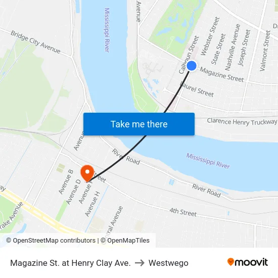 Magazine St. at Henry Clay Ave. to Westwego map