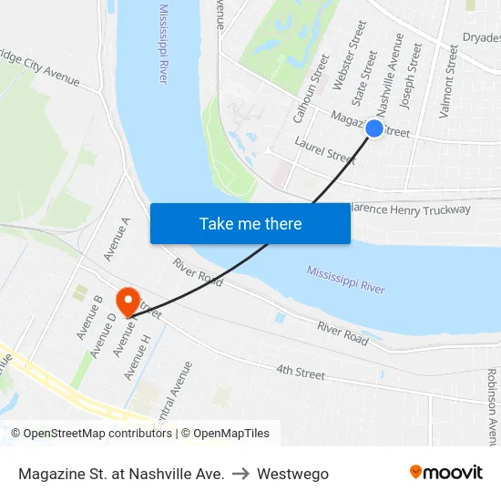 Magazine St. at Nashville Ave. to Westwego map