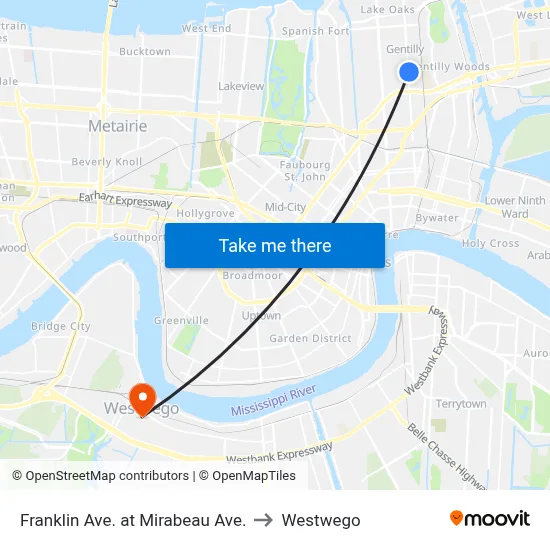 Franklin Ave. at Mirabeau Ave. to Westwego map