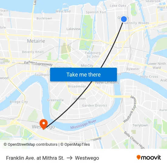 Franklin Ave. at Mithra St. to Westwego map