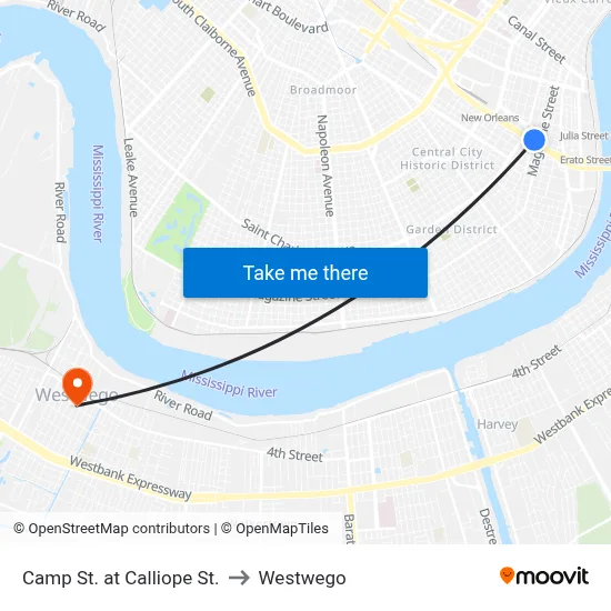 Camp St. at Calliope St. to Westwego map