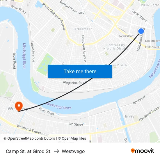 Camp St. at Girod St. to Westwego map