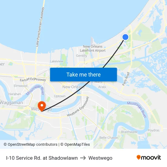 I-10 Service Rd. at Shadowlawn to Westwego map