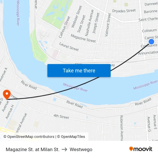 Magazine St. at Milan St. to Westwego map