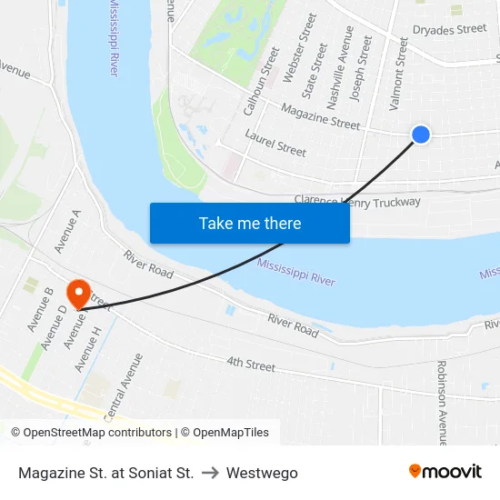 Magazine St. at Soniat St. to Westwego map