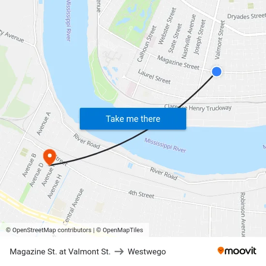 Magazine St. at Valmont St. to Westwego map