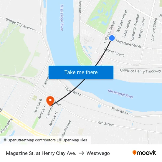 Magazine St. at Henry Clay Ave. to Westwego map