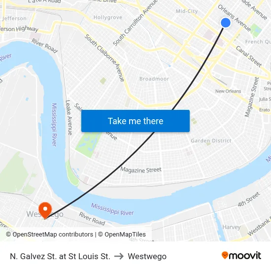N. Galvez St. at St Louis St. to Westwego map