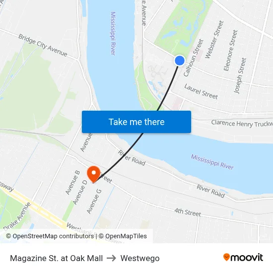 Magazine St. at Oak Mall to Westwego map