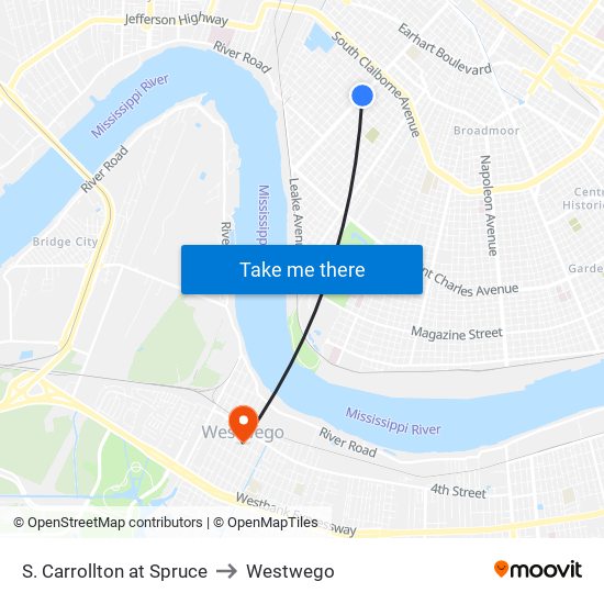 S. Carrollton at Spruce to Westwego map