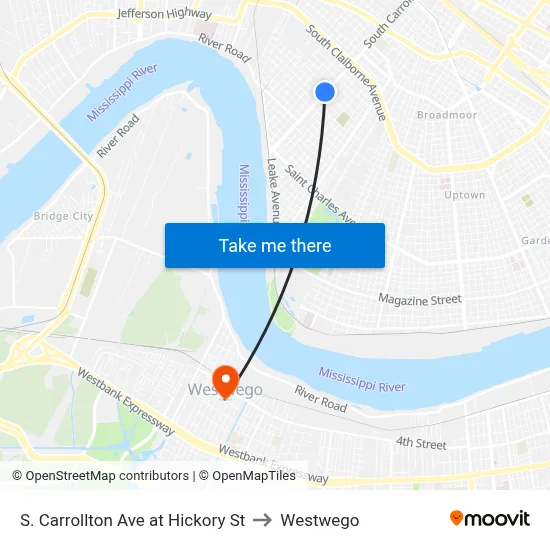 S. Carrollton Ave at Hickory St to Westwego map