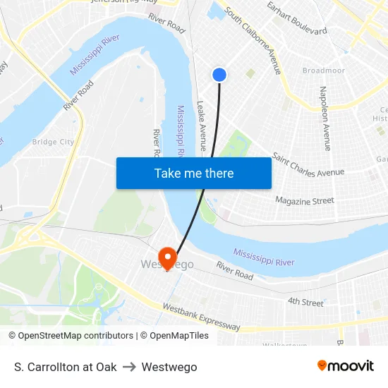 S. Carrollton at Oak to Westwego map