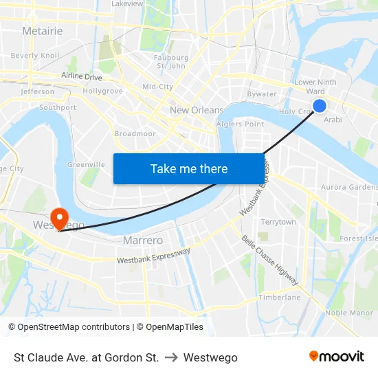 St Claude Ave. at Gordon St. to Westwego map